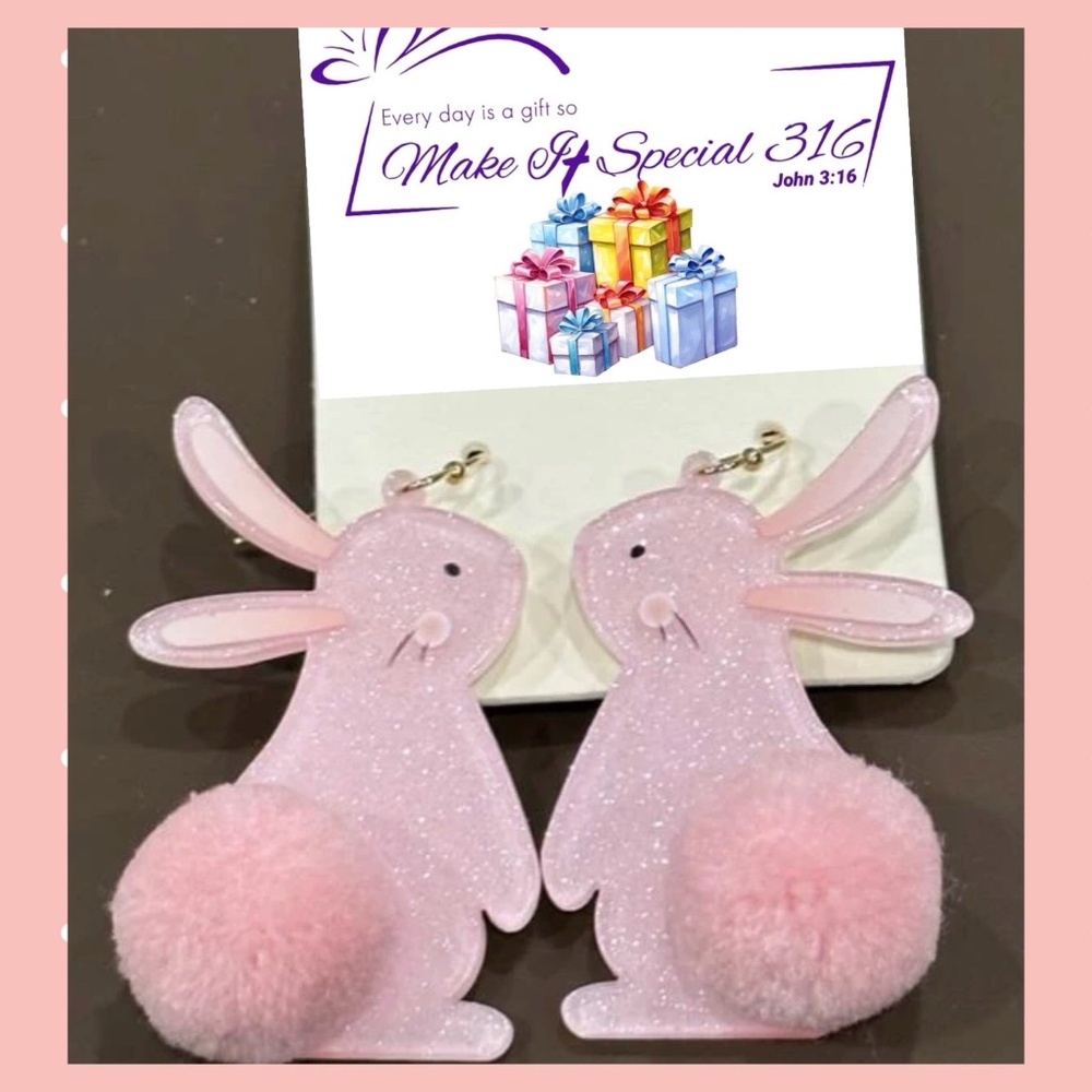 Pink Acrylic Bunny Earrings with puff tail